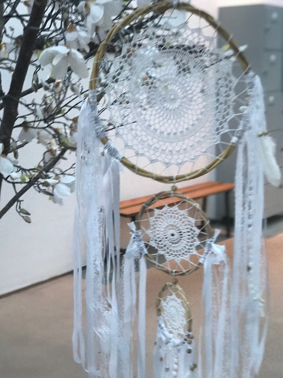 Dream Catcher Trio - White Handmade with Ribbons, Laces & Pompoms (42 cm) | Mandala Stencil