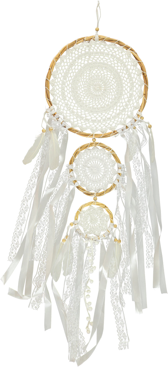 Dream Catcher Trio - White Handmade with Ribbons, Laces & Pompoms (42 cm) | Mandala Stencil