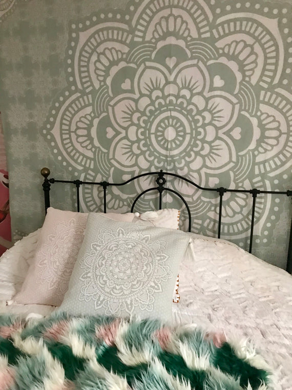 Pillow Cushion (50 x 50 cm) - Minty Green with White Holy Mandala & Tassels | Mandala Stencils